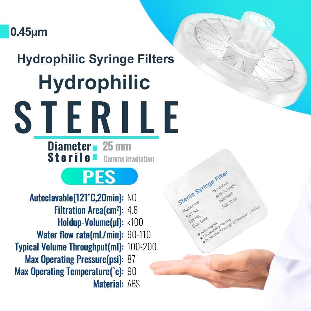 Communicates multiple technical specifications and features of the hydrophilic syringe filter to inform medical/laboratory professionals of its capabilities and performance characteristics.