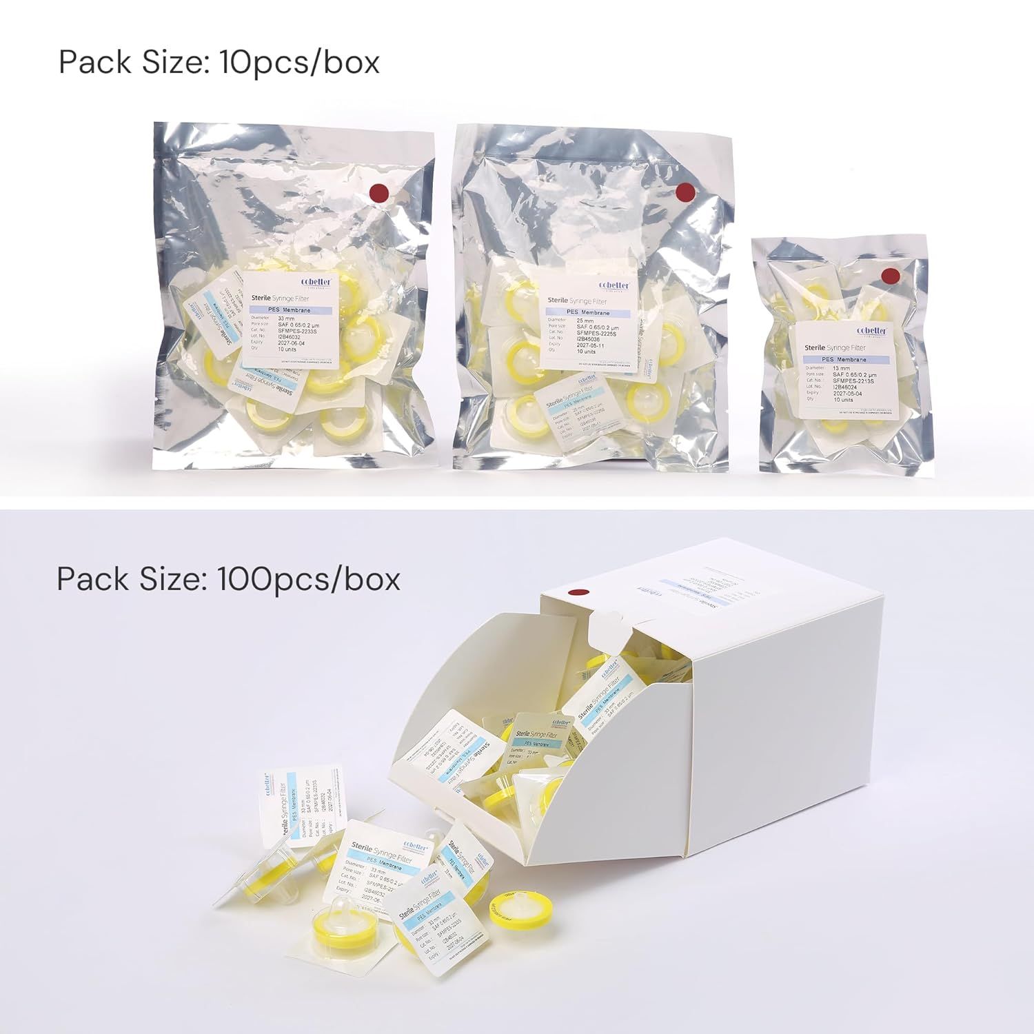 Shows the different pack size options available (10pcs/box and 100pcs/box) to help shoppers choose the quantity that best fits their needs.