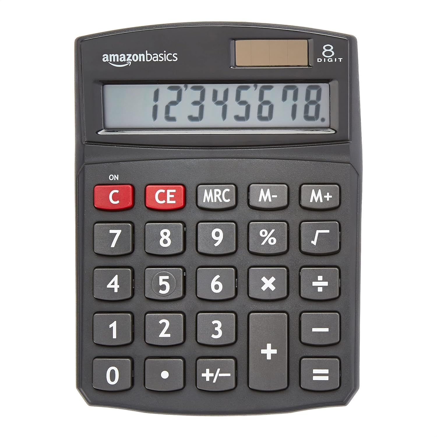 Provides a clean, catalog-style view of the AmazonBasics calculator on a white background, allowing shoppers to see the product clearly without distractions.