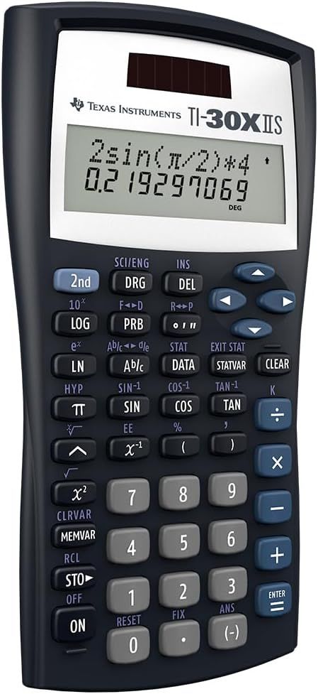 Displays the calculator product clearly on a white background to show its physical appearance, screen display, and button layout without distractions.