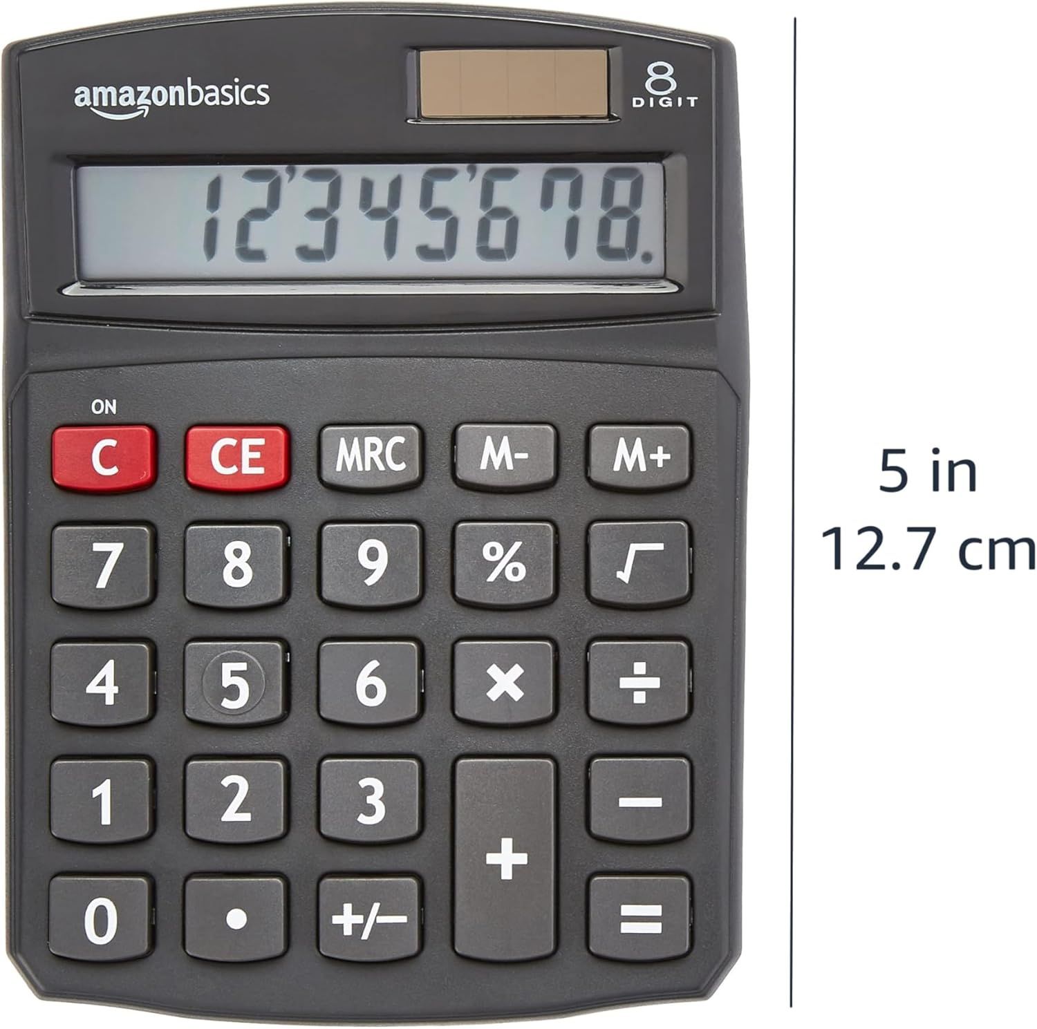 Communicates the exact physical size of the calculator (5 inches / 12.7 cm) to help shoppers understand how large the product is and whether it fits their needs.