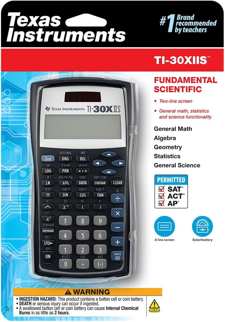 Communicates multiple key features and benefits of the calculator in a segmented layout, including its functionality, test permissions, and power options to help shoppers understand its capabilities…