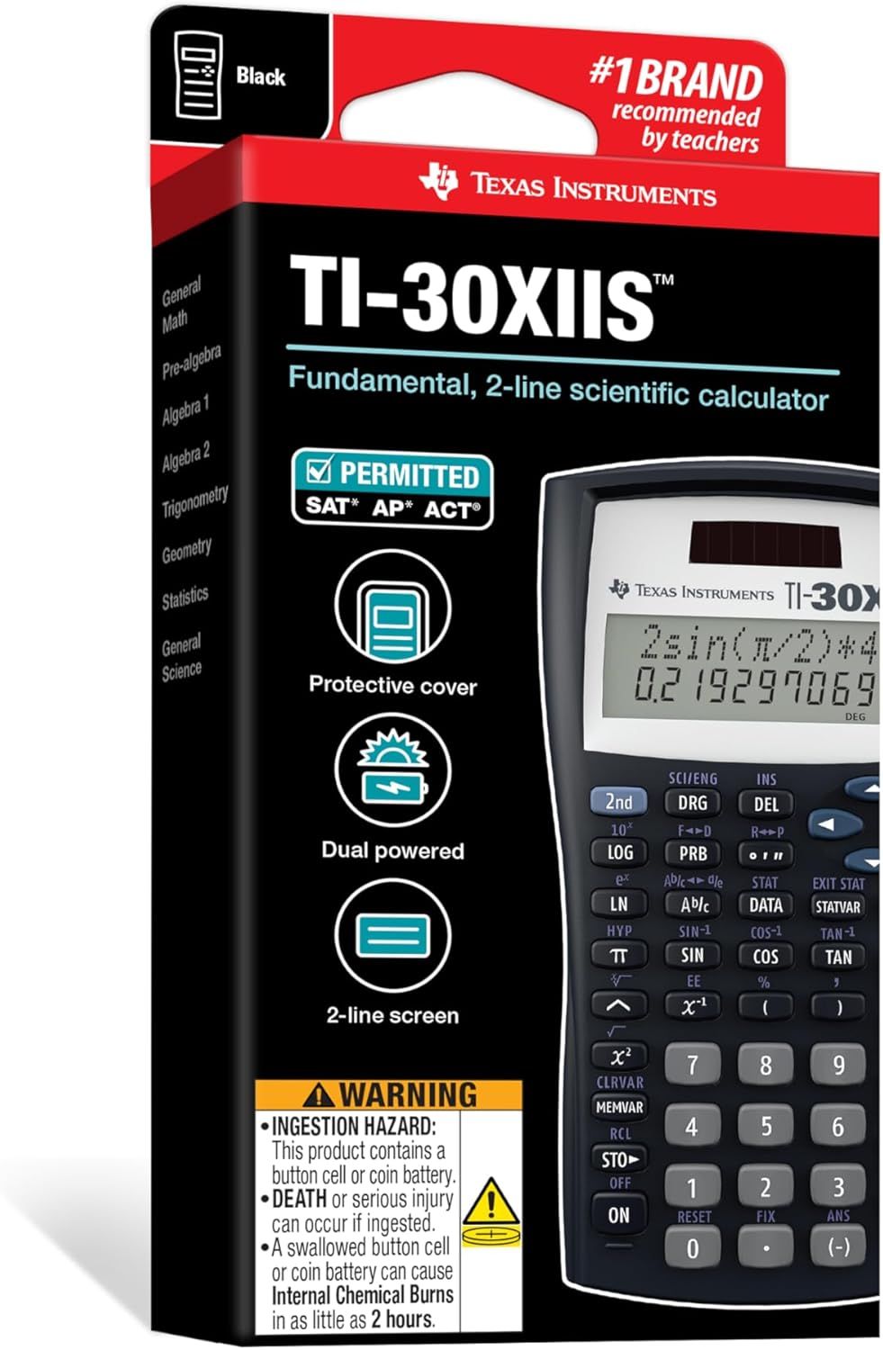 Communicates multiple key features and benefits of the calculator in a segmented layout to help shoppers understand its capabilities and suitability for standardized tests.
