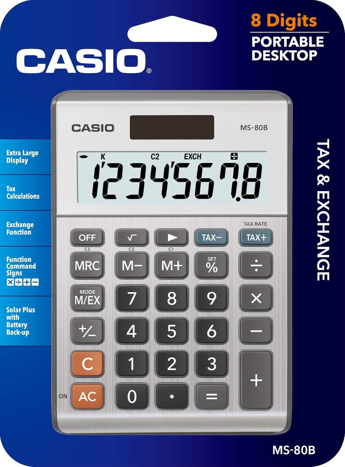 Communicates multiple key features and benefits of the calculator in a segmented layout to help shoppers understand the product's versatility and functionality.