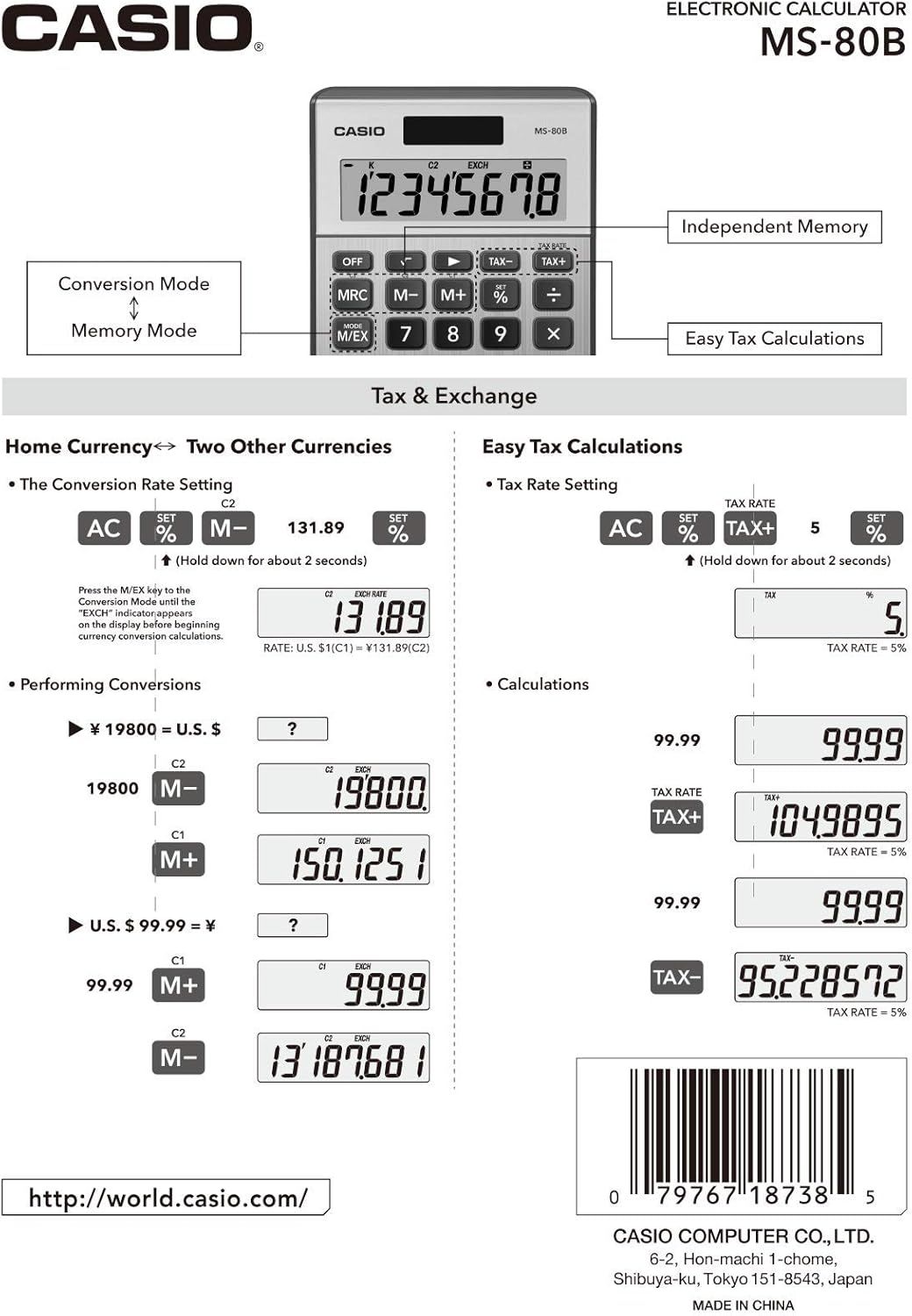 This instructional image teaches shoppers how to use the calculator's currency conversion and tax calculation features through step-by-step visual demonstrations, reassuring them that these advanced…