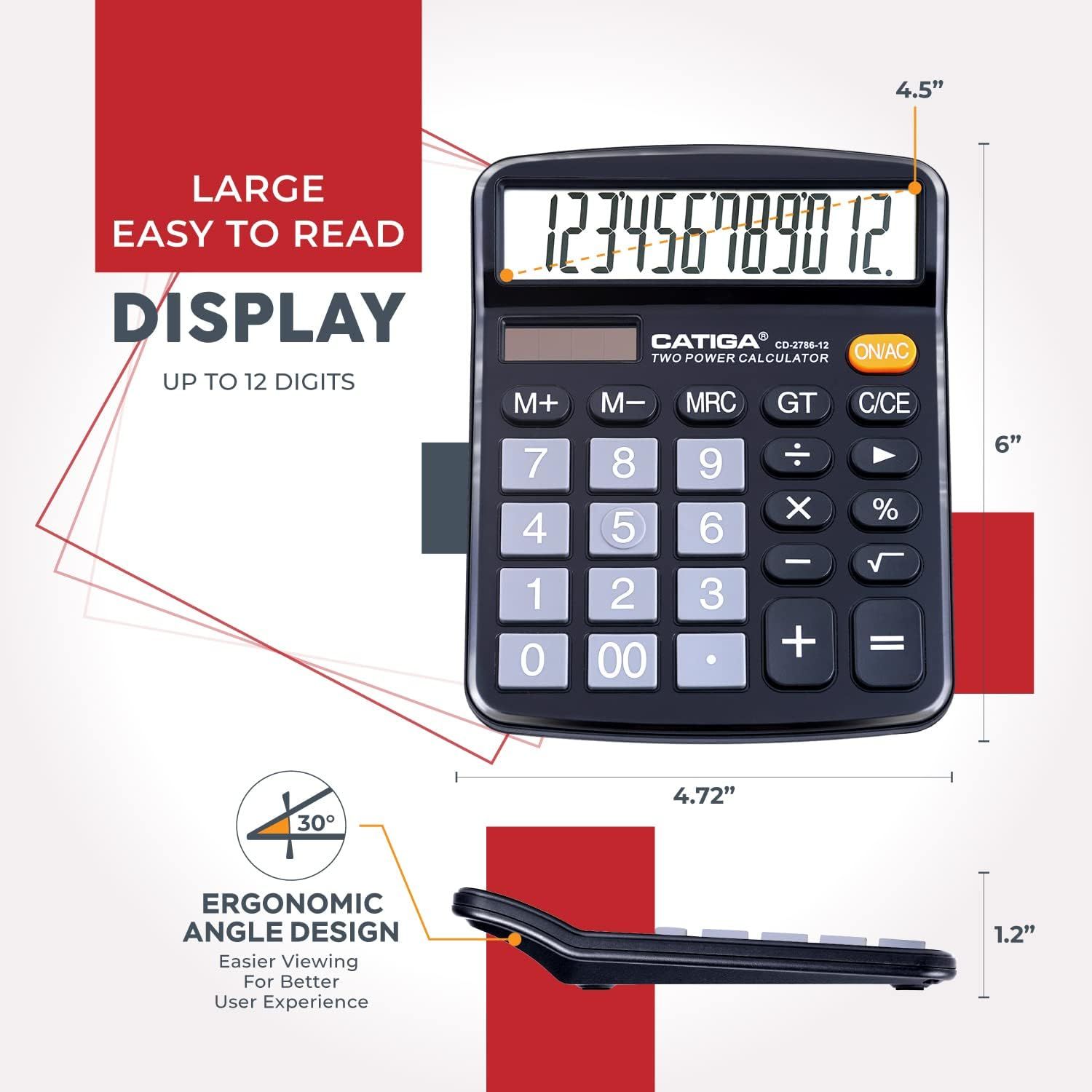 Communicates the exact physical dimensions of the calculator (4.72" x 6" x 1.2") to help shoppers understand its size and portability. Highlights multiple distinct benefits including the large…