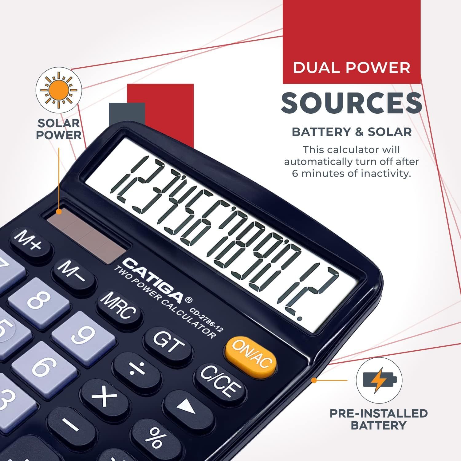 Communicates multiple distinct benefits of the calculator: dual power capability for reliability, energy-saving auto shut-off feature, and convenience of pre-installed battery.