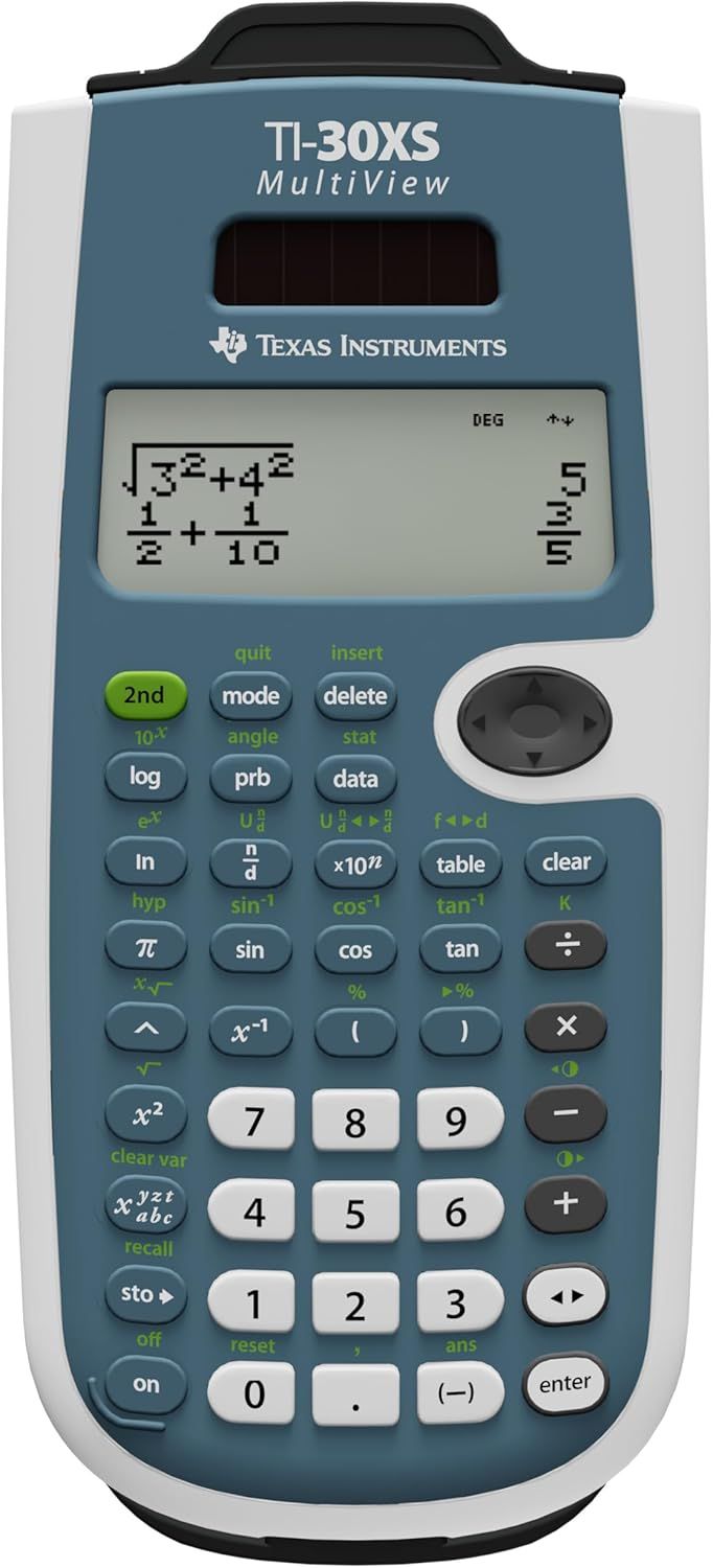 Displays the Texas Instruments TI-30XS MultiView calculator in a clean, catalog-style format to show the product's physical appearance, screen display, and button layout without distractions.