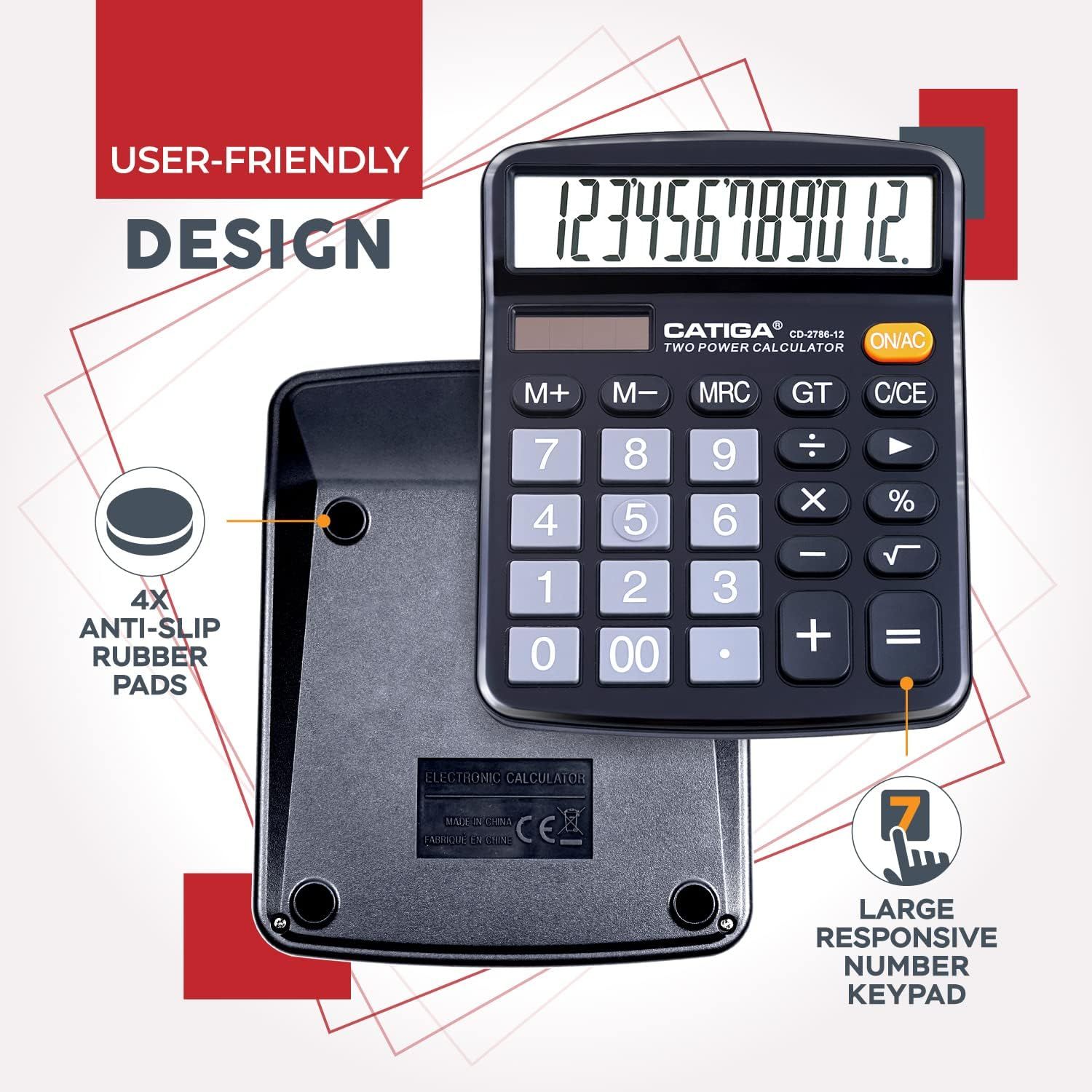 Highlights multiple distinct benefits of the calculator including its user-friendly design, stability features with anti-slip pads, and ease of use with large responsive buttons to reassure shoppers…