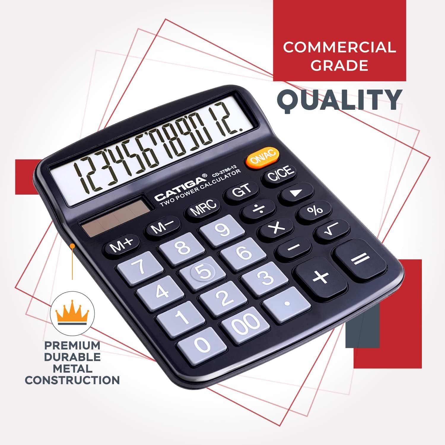 Communicates multiple selling benefits of the calculator including its commercial-grade quality and premium metal construction to reassure shoppers of its durability and professional-level…