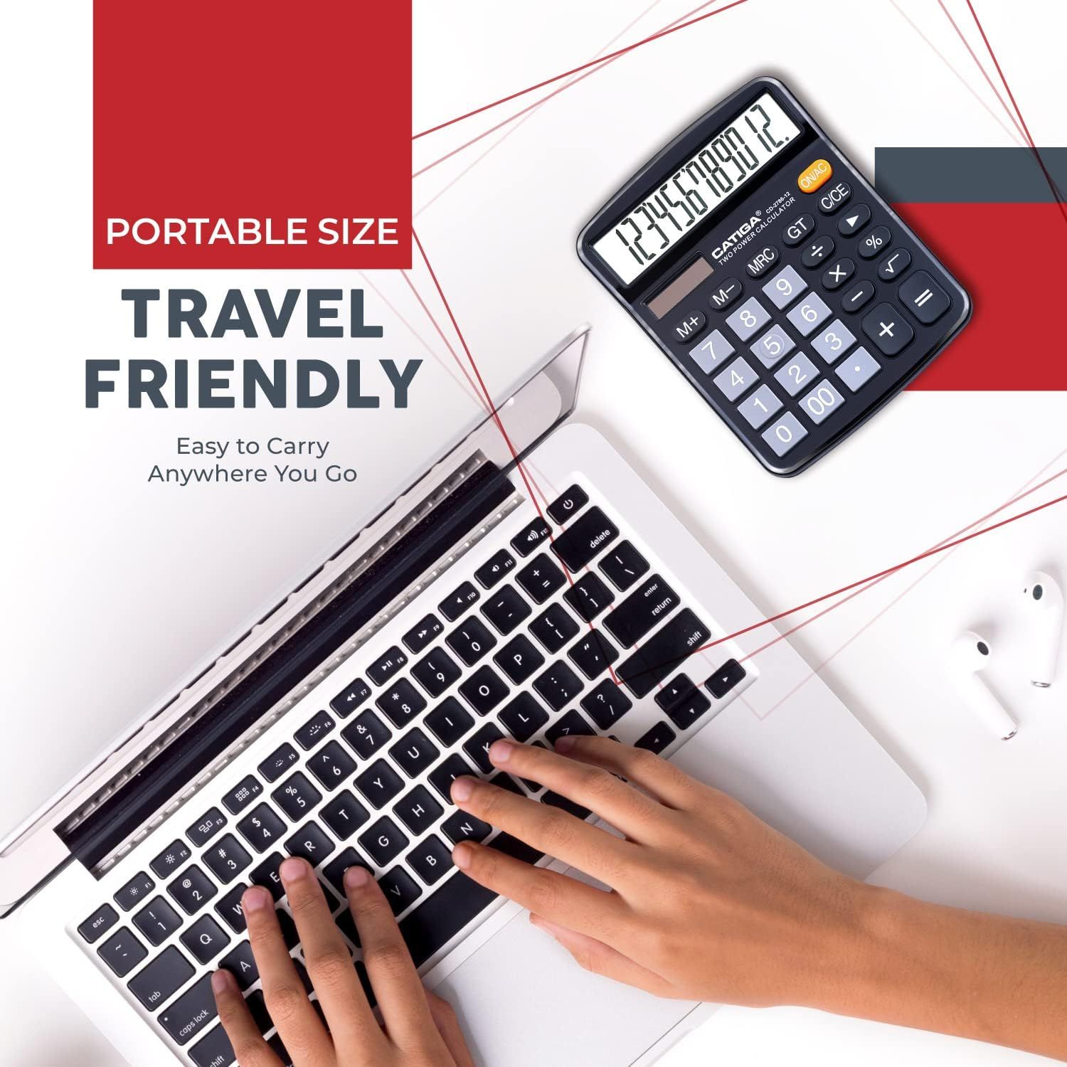 Communicates that the calculator is small and portable, making it easy to carry for travel or on-the-go use.