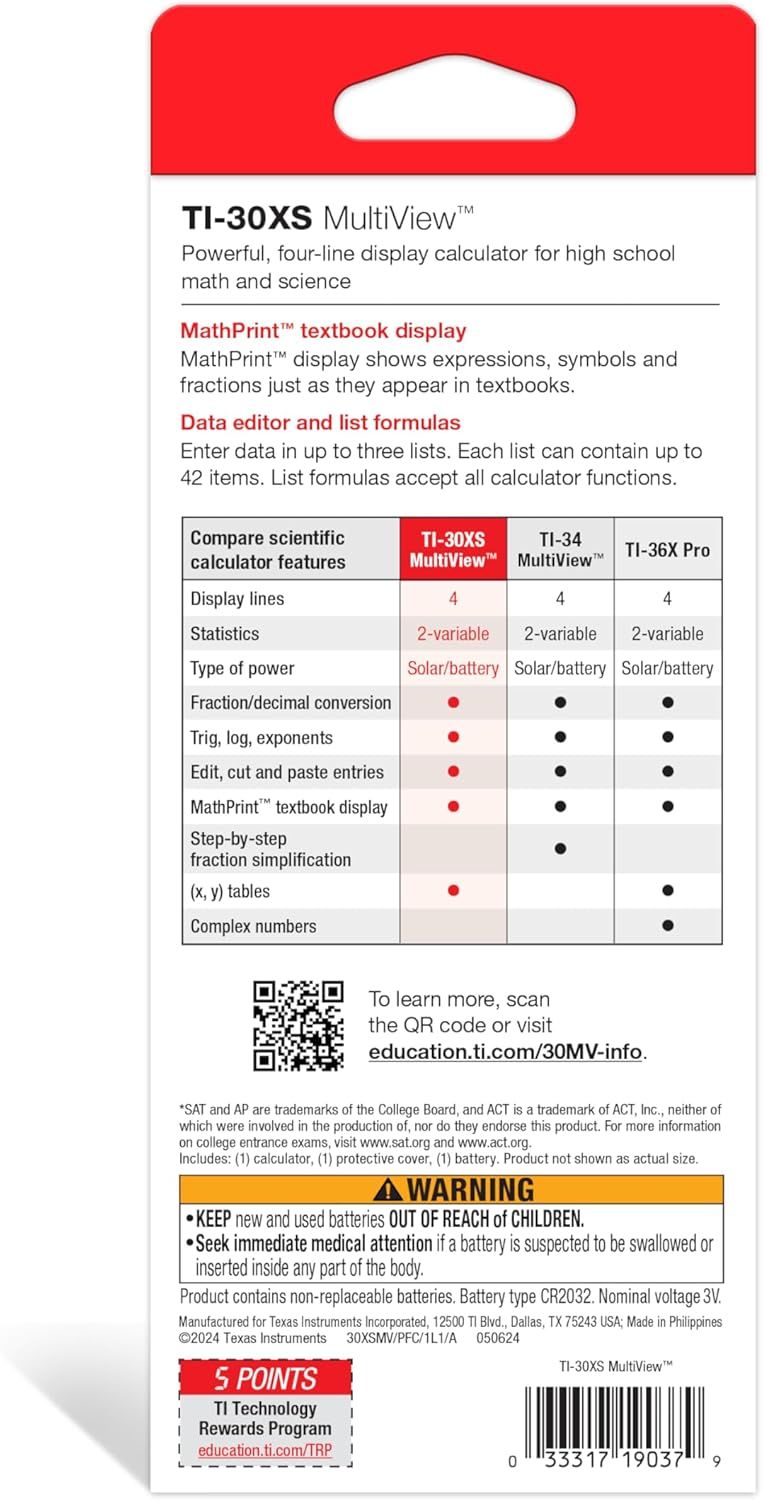 Compares the TI-30XS MultiView calculator with competing models (TI-34 MultiView and TI-36X Pro) to show feature parity and help shoppers choose the right calculator for their needs.