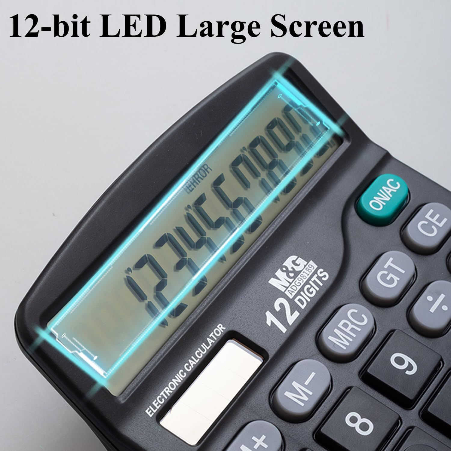 Highlights the large, easy-to-read 12-bit LED display to reassure shoppers that the calculator screen is clear and user-friendly.