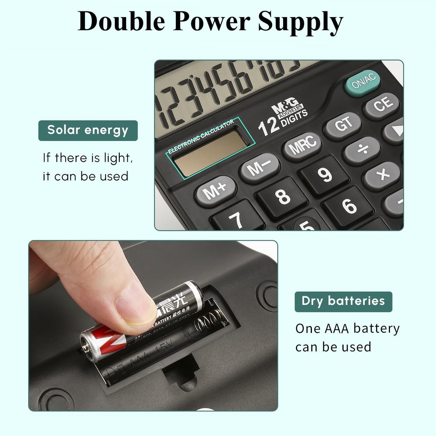 Communicates that the calculator offers flexible power options—solar energy when light is available and battery backup—providing reliability and convenience to the shopper.