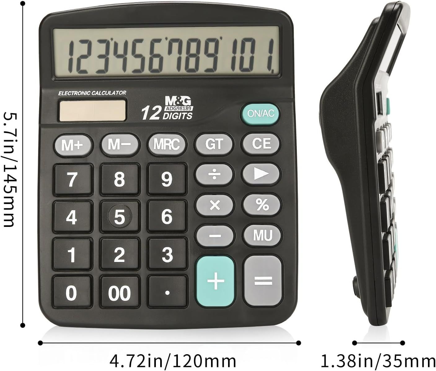 Communicates the exact physical dimensions of the calculator (4.72in/120mm width, 5.71in/145mm height, 1.38in/35mm depth) to help shoppers understand its size and portability.