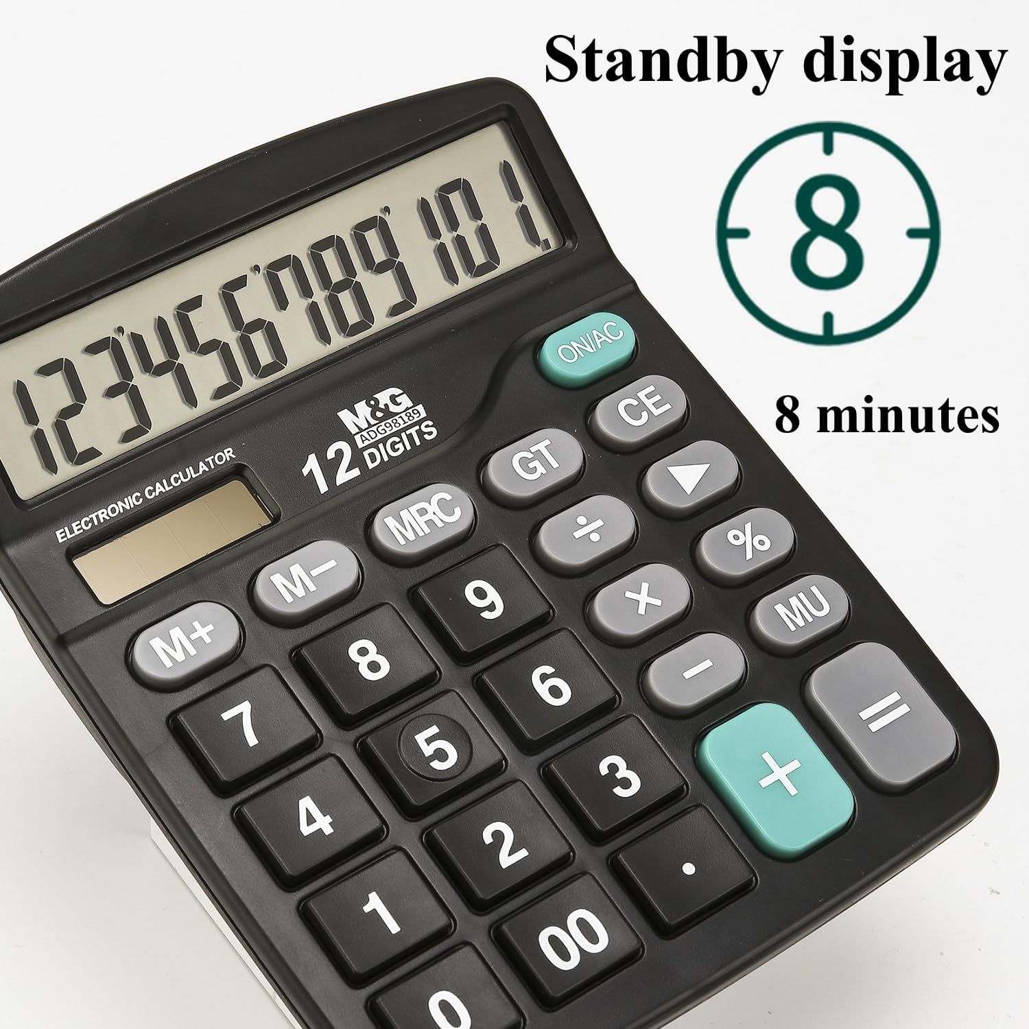 Communicates that the calculator has a standby display feature that automatically turns off after 8 minutes of inactivity to save battery life.