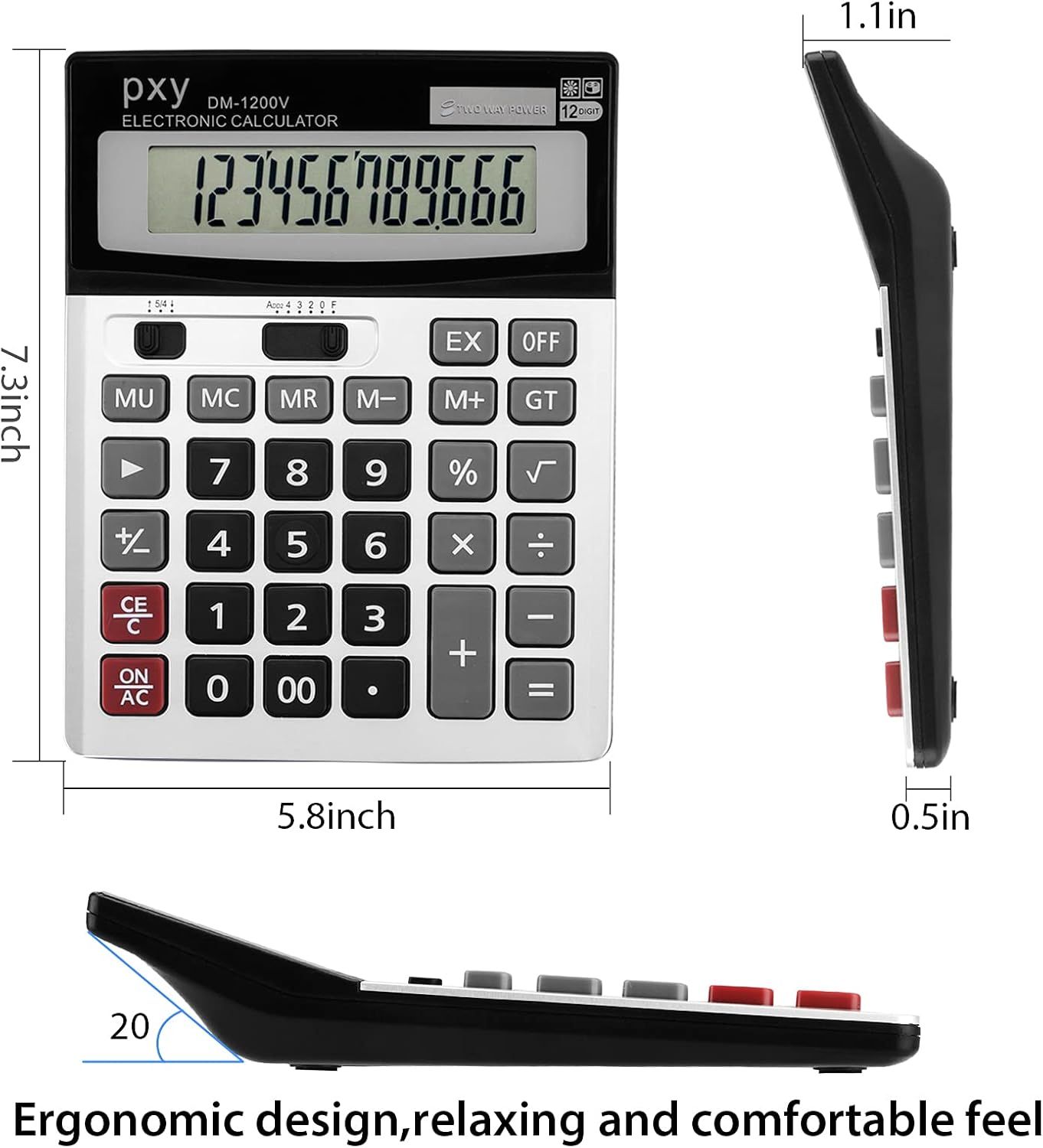 Communicates the exact physical size of the calculator (5.8 x 7.3 x 1.1 inches) with dimension arrows to help shoppers understand how large the product is before purchase. Highlights the ergonomic…