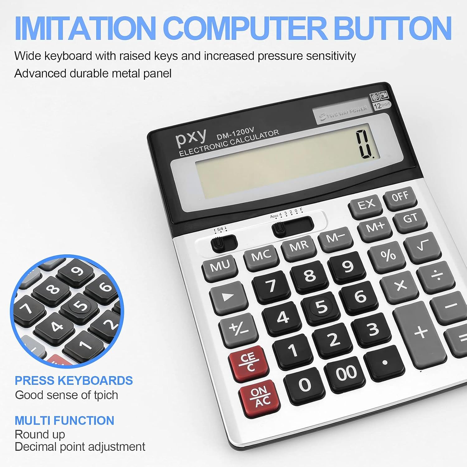 Communicates multiple distinct product benefits in a segmented layout: tactile keyboard design, durability, and functional versatility to help shoppers understand the calculator's key advantages.