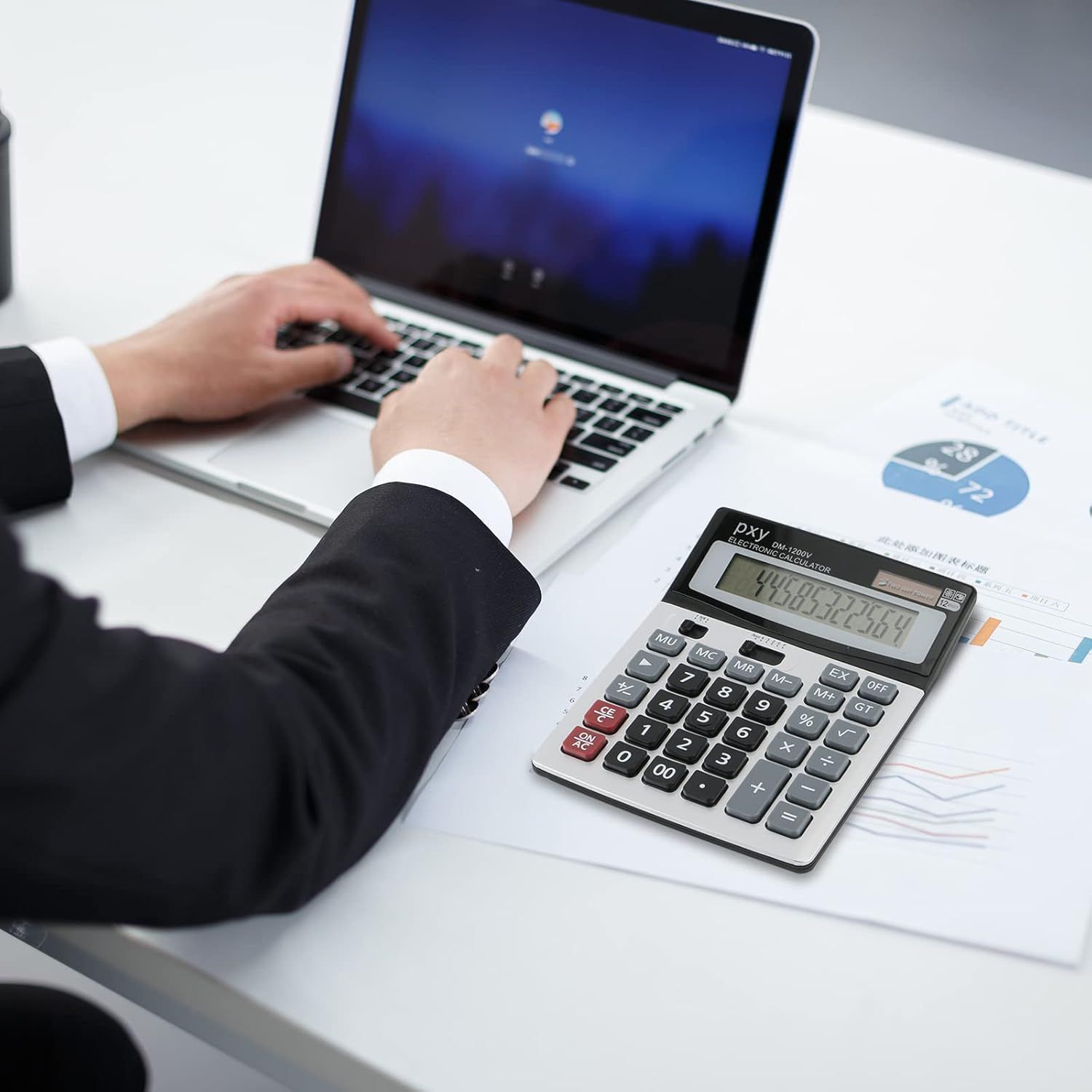 Demonstrates the calculator being used in a real-world professional office setting to help shoppers visualize the product in their own work environment.