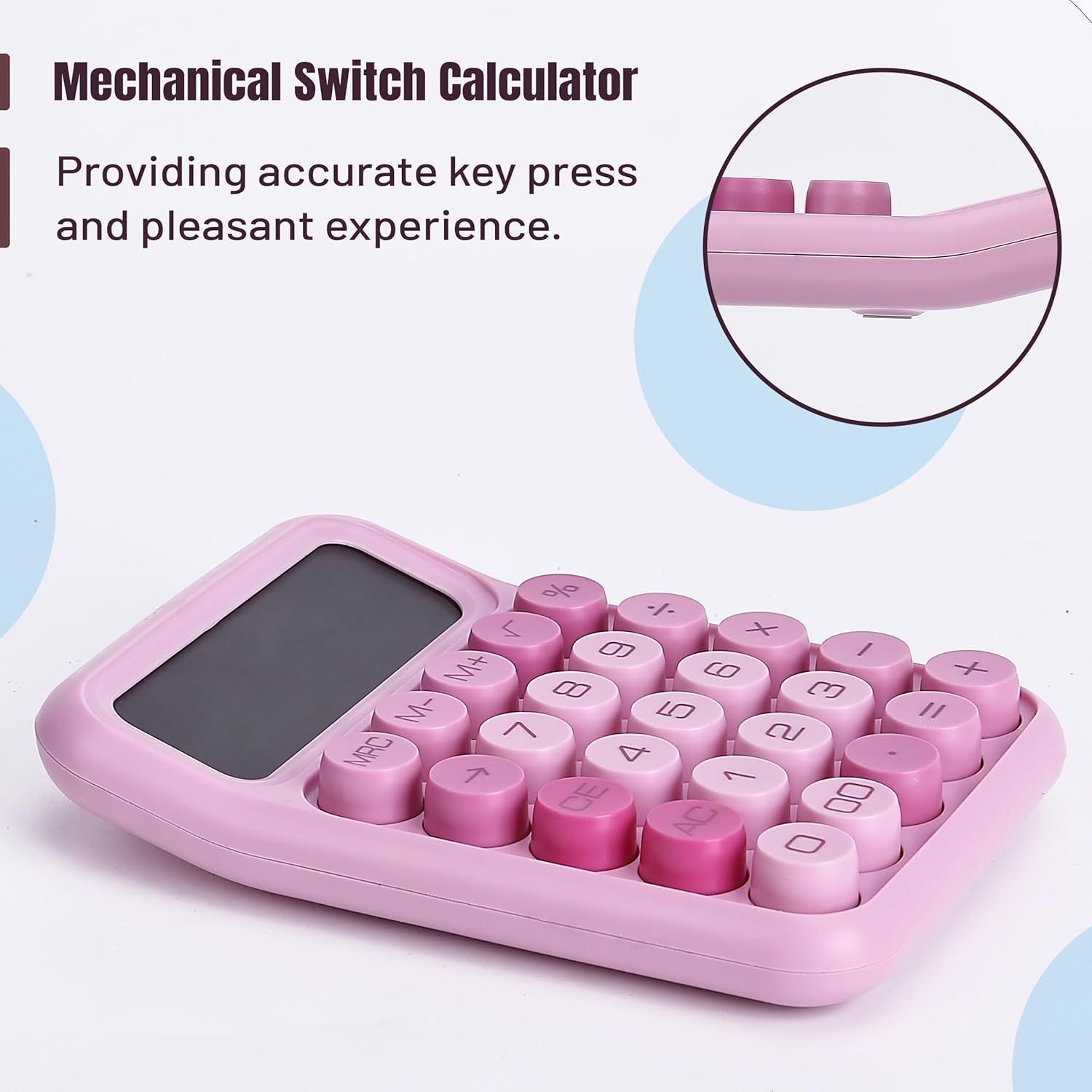 Highlights the mechanical switch key design of the calculator to communicate the tactile quality and pleasant typing experience to shoppers. Communicates the benefit of accurate key presses and…