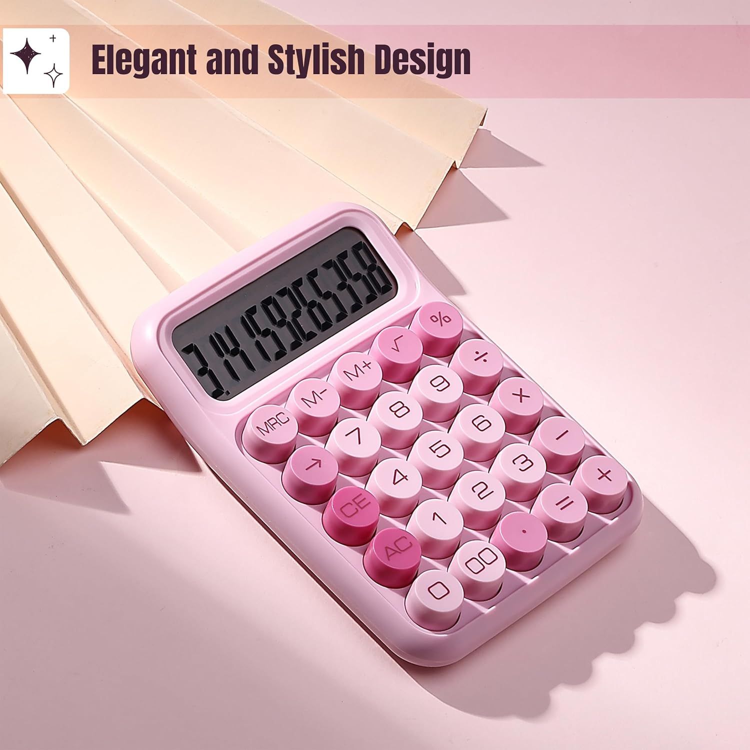 Highlights the calculator's aesthetic appeal and premium design to attract shoppers looking for a stylish, decorative desk accessory that combines functionality with visual elegance.