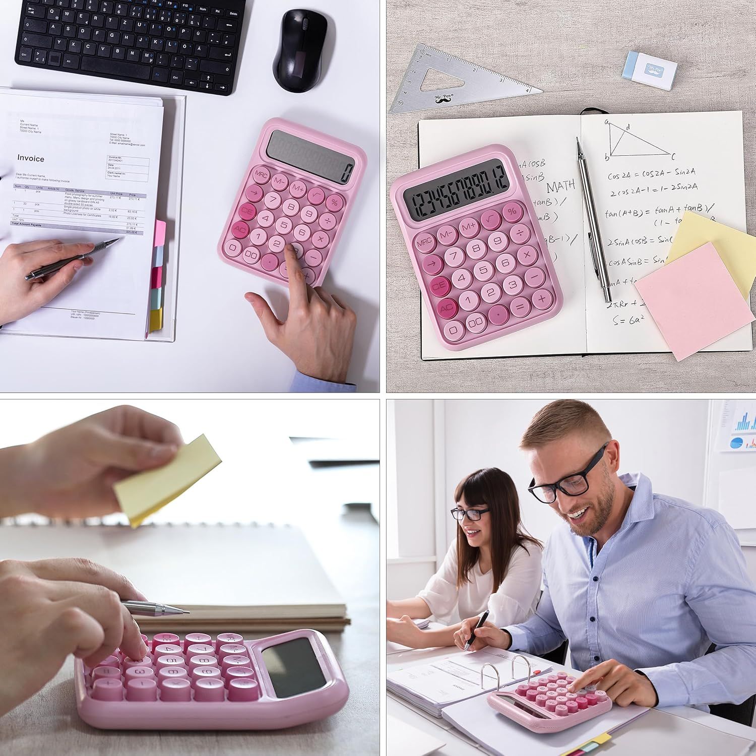 Demonstrates the calculator's versatility across multiple real-world scenarios including invoice management, mathematical calculations, personal use, and professional office settings to show…