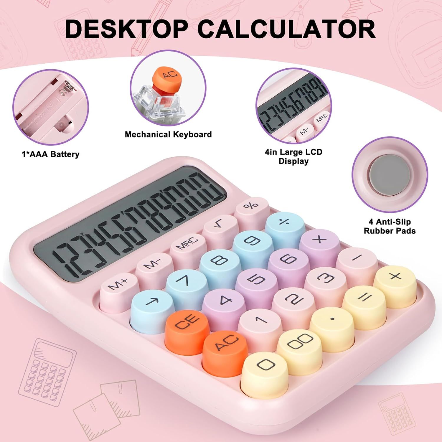 Highlights multiple distinct features of the desktop calculator in a segmented layout to communicate its quality construction, ease of use, and practical design benefits.