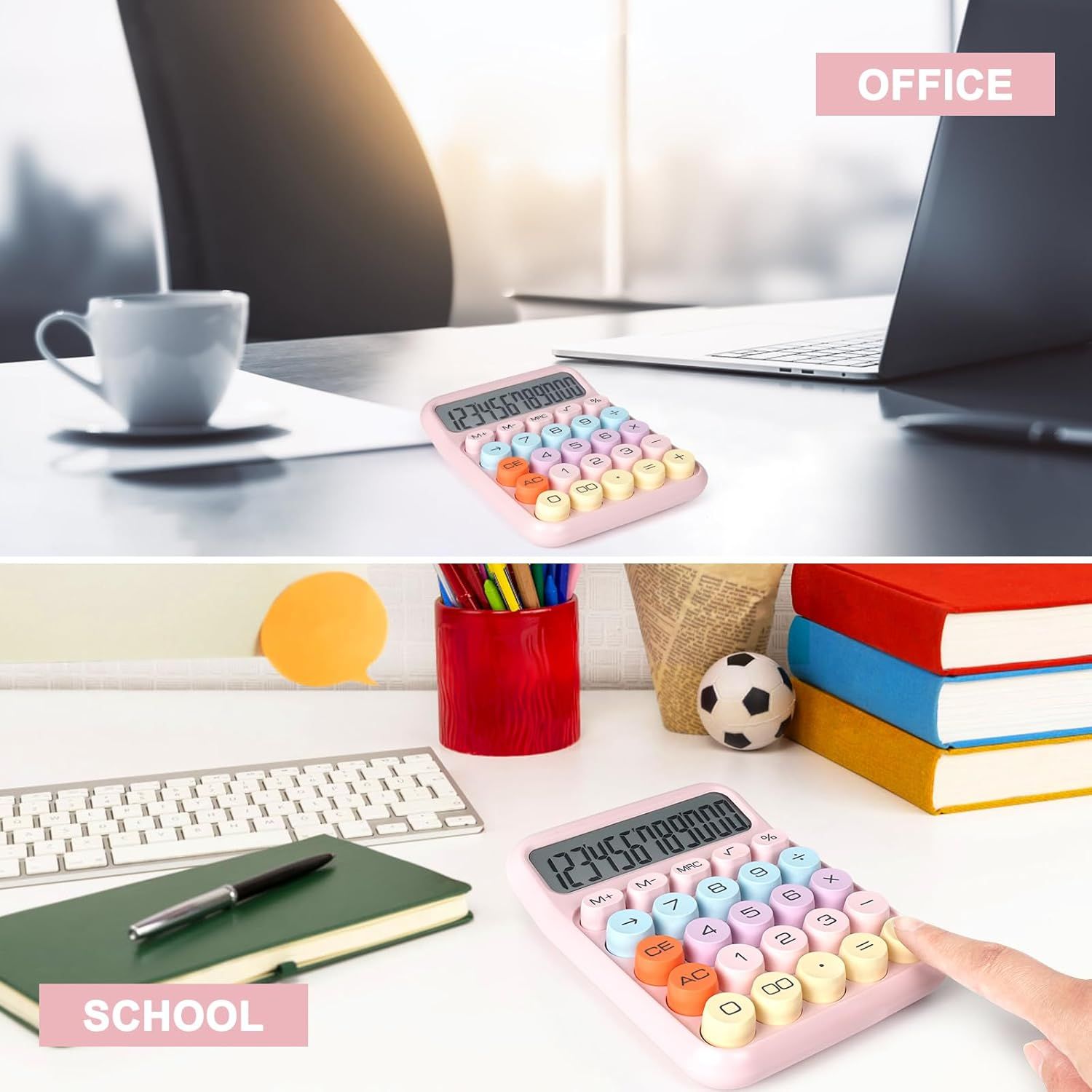 Demonstrates the calculator's versatility by showing it in two distinct use environments—office and school—to communicate that it's suitable for multiple settings and user types.