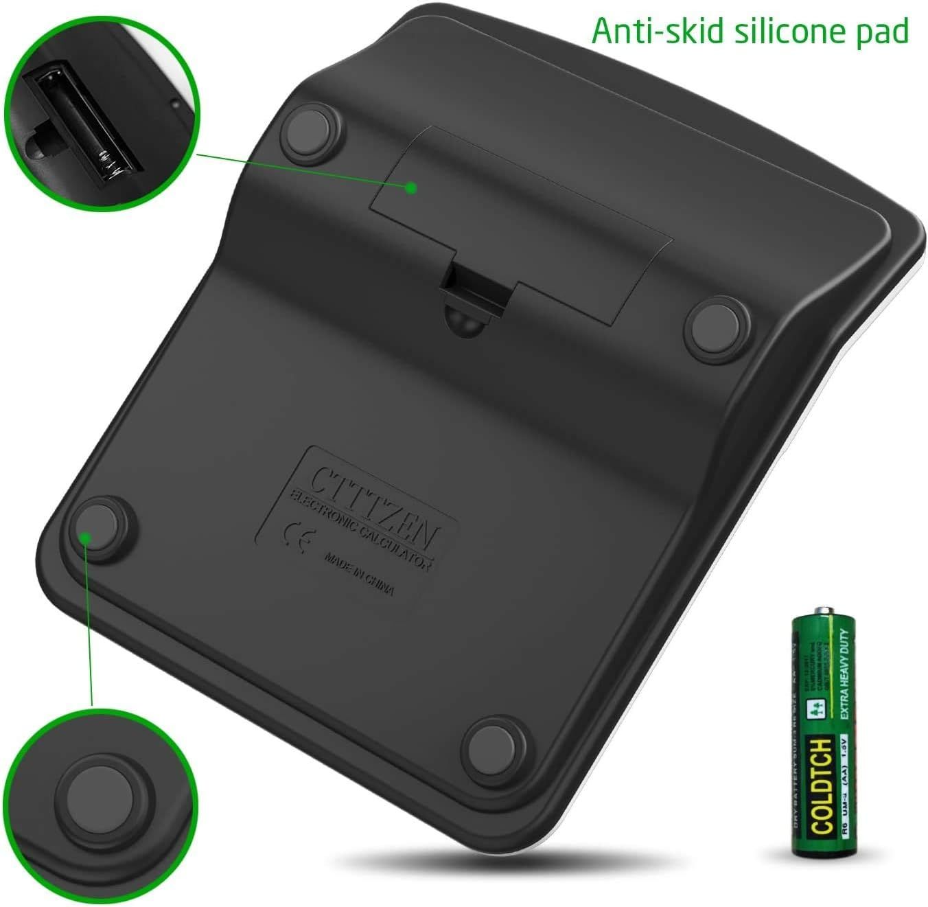 Highlights the physical components of the product's underside, specifically the anti-skid silicone pads and battery compartment, to reassure shoppers about stability and power source. Communicates…