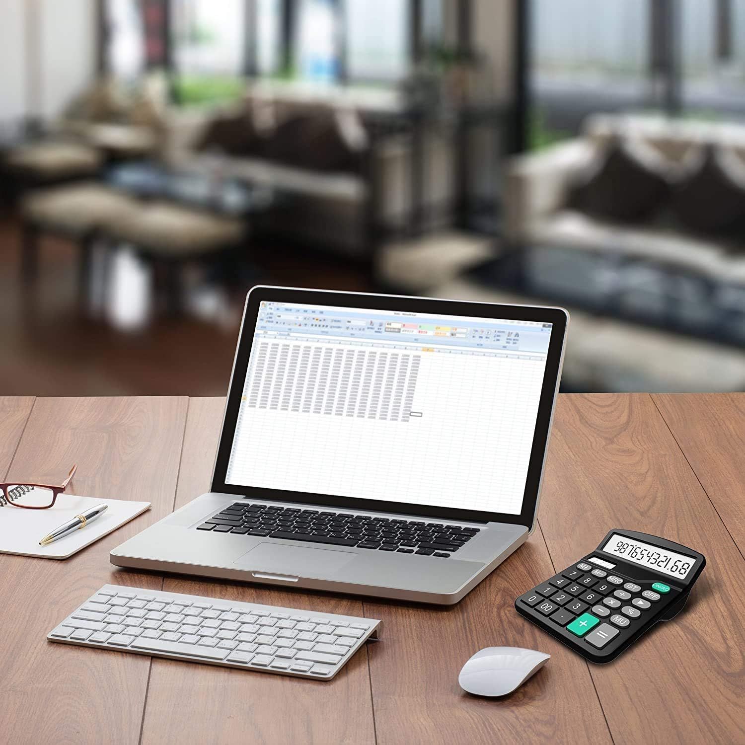 Demonstrates the product (calculator) in a real-world professional office setting to help shoppers visualize how it fits into their workspace and daily work routine.