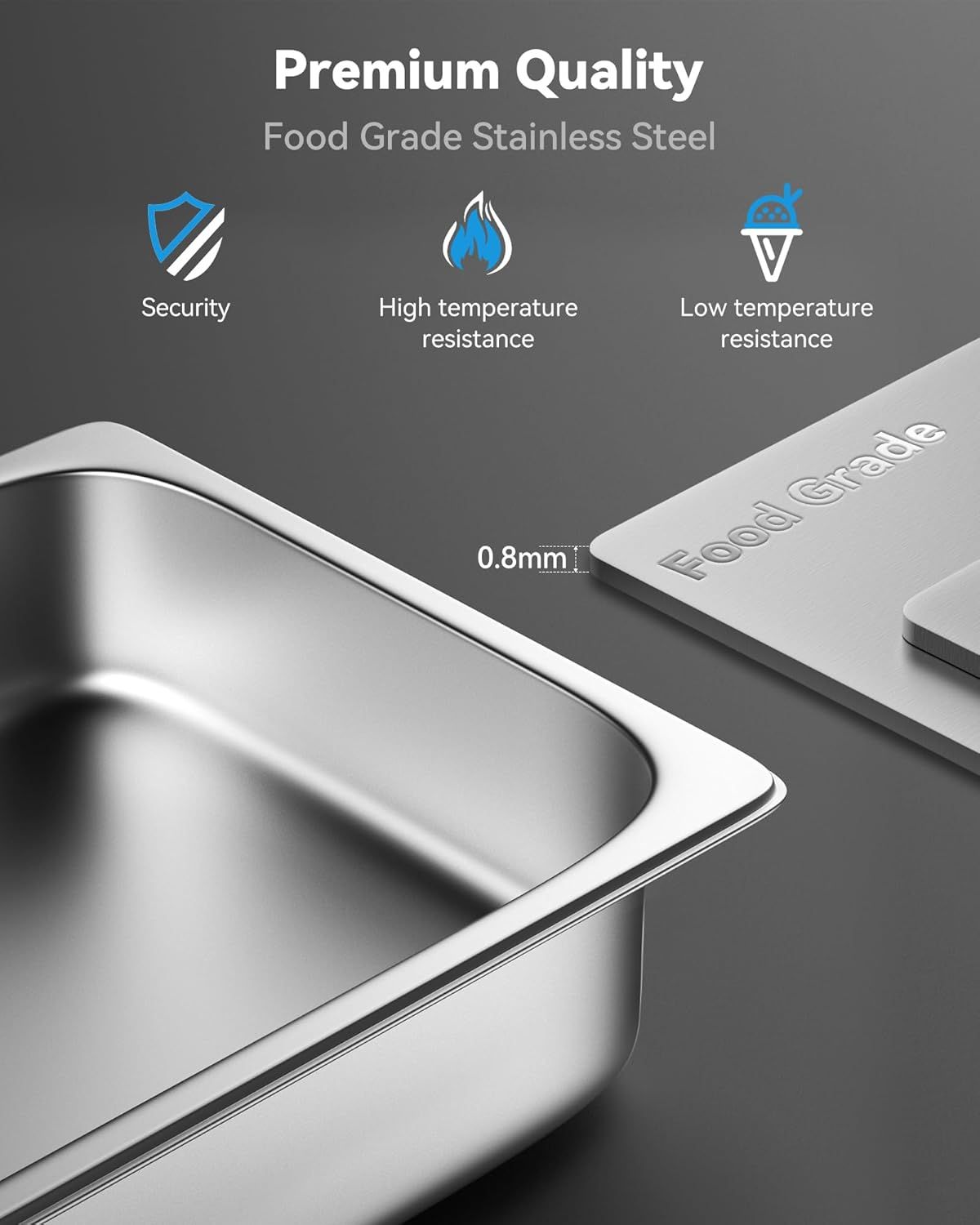 Communicates multiple quality and safety benefits of the stainless steel material to reassure shoppers about durability, food safety, and temperature performance.