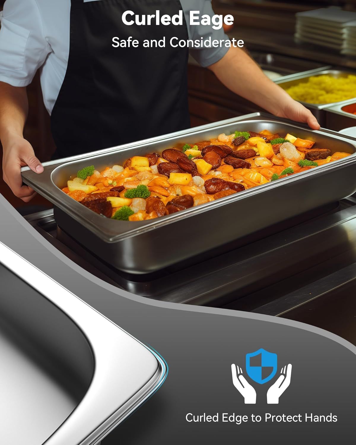 Highlights the product's curled edge design feature that protects users' hands from burns or injury during cooking, emphasizing safety and thoughtful design.