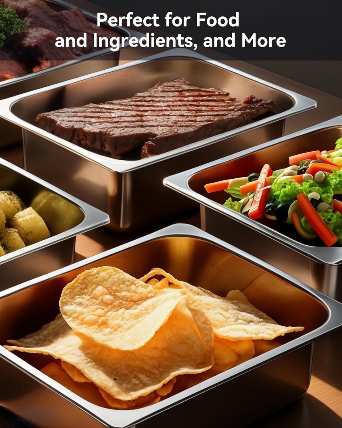 Demonstrates the product's versatility by showing it can hold various types of food items—meat, vegetables, and snacks—making it suitable for diverse kitchen and food storage needs.