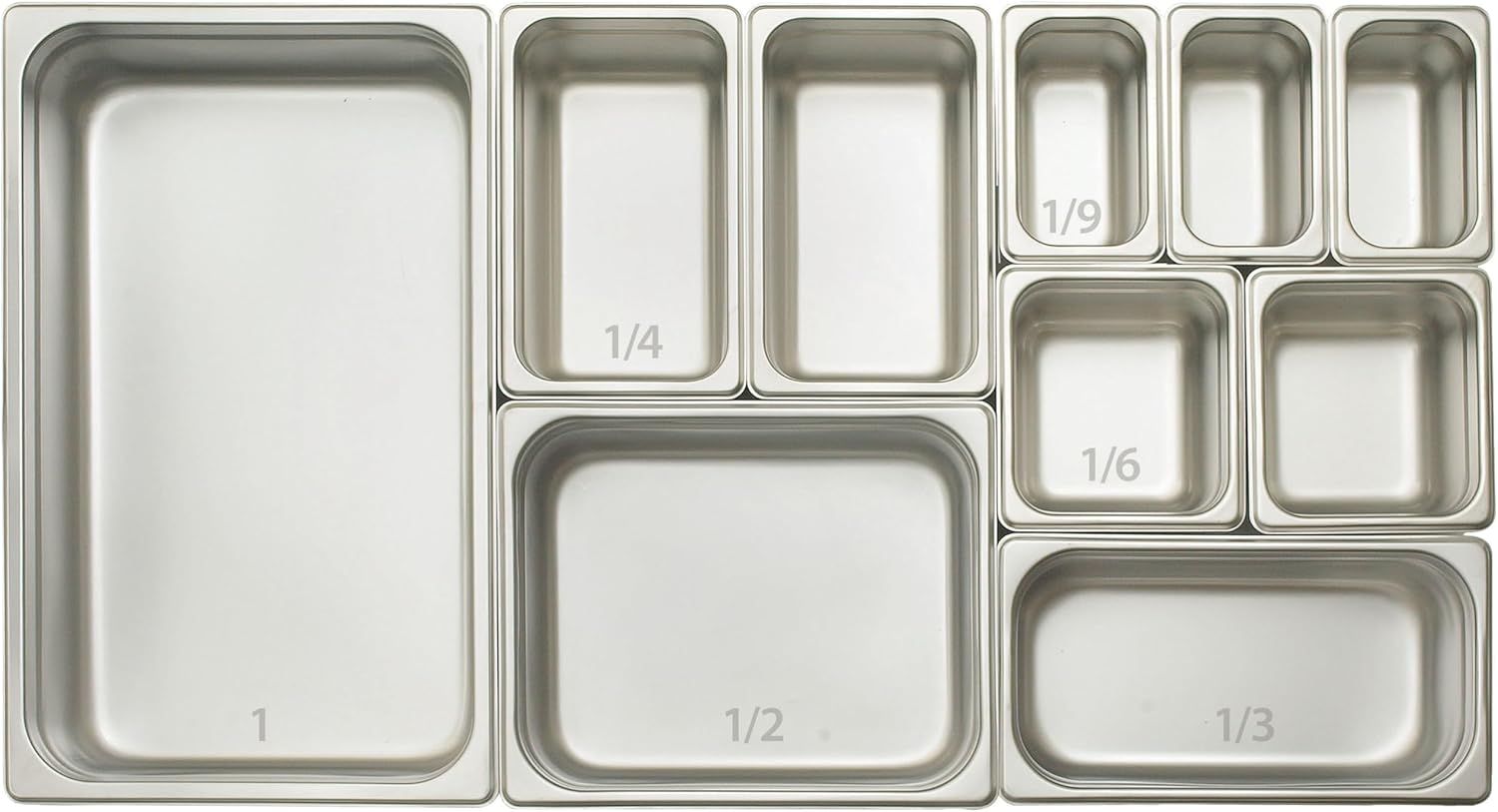 Demonstrates the variety of container sizes included in the set, showing shoppers the complete modular system with labeled size options (1, 1/2, 1/3, 1/4, 1/6, 1/9) for different food storage needs.