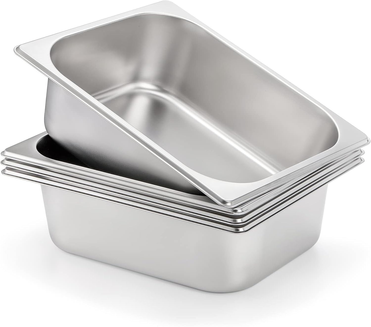 Provides a clean, catalog-style view of the stainless steel food pans on a white background, showing the product clearly without distractions.