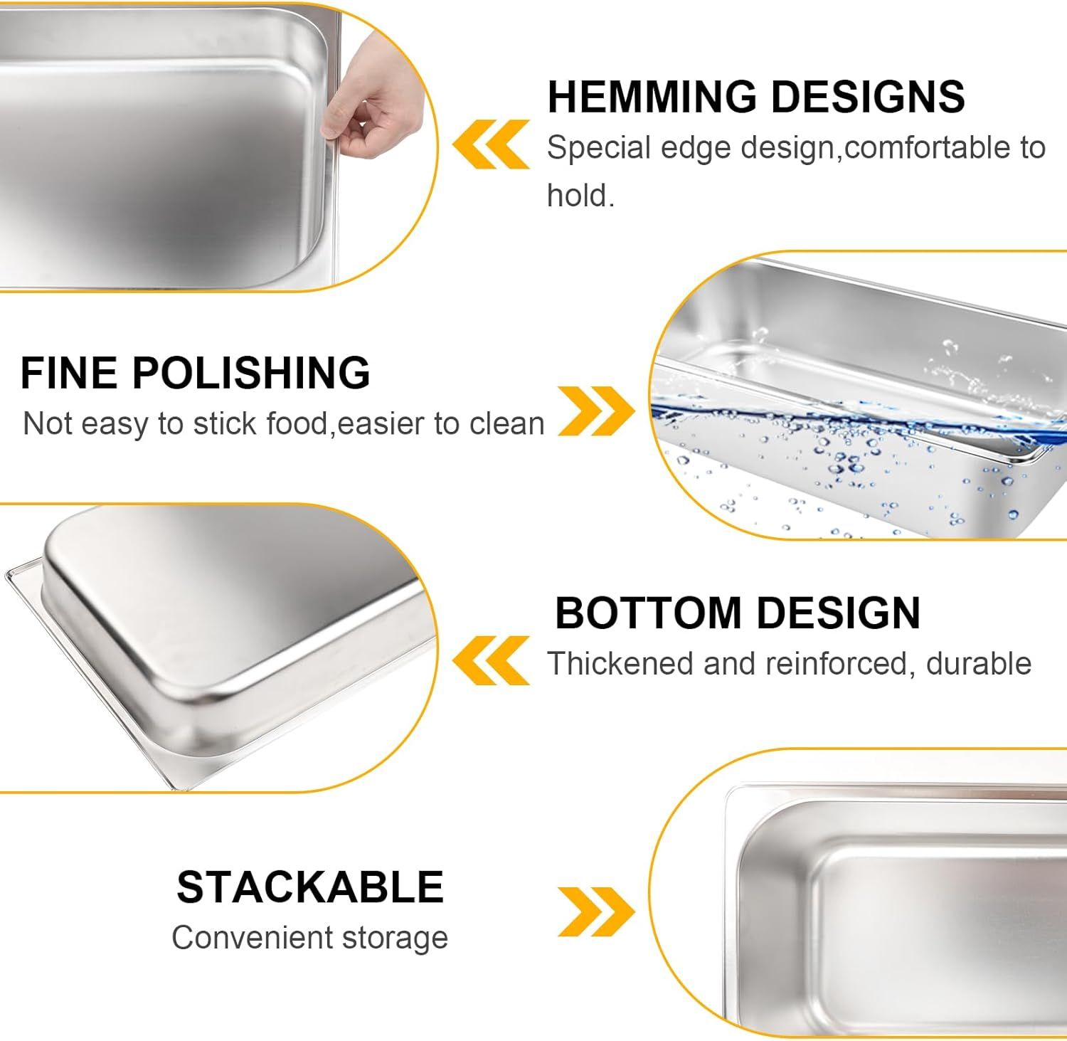 Showcases multiple distinct product benefits in a segmented layout to communicate the pan's ergonomic edge design, easy-clean polished surface, durable reinforced bottom, and space-saving…