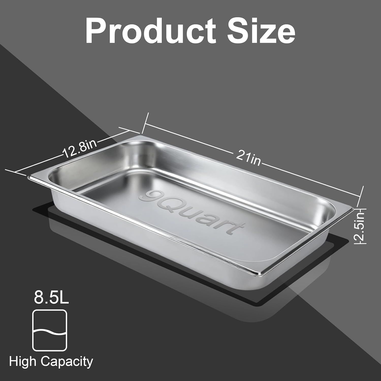 Communicates the exact physical dimensions of the product (21in x 12.8in x 12.5in) and its 8.5L capacity to help shoppers understand the size and volume before purchase. Highlights the product's…