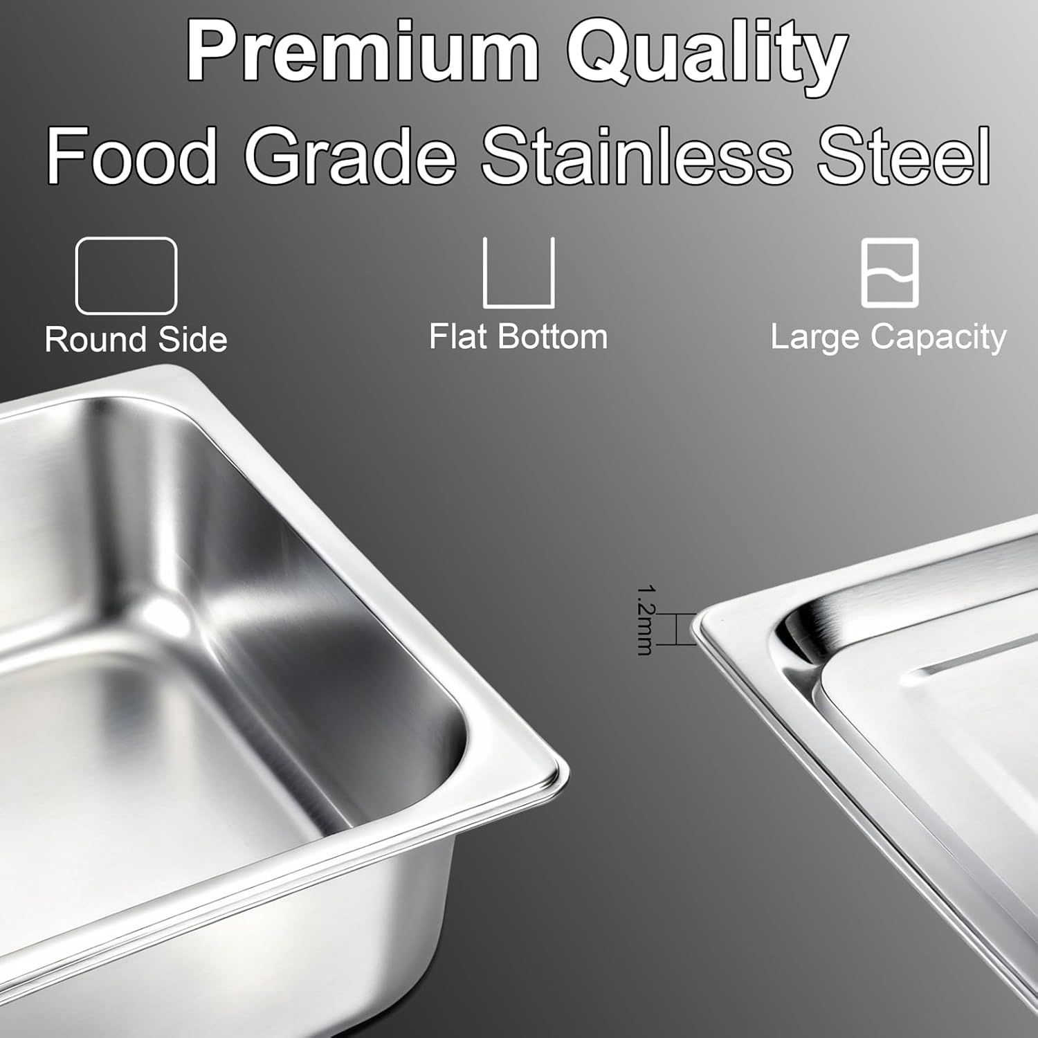 Communicates multiple key product features including material quality, design elements, and capacity to reassure shoppers of the product's versatility and premium construction.