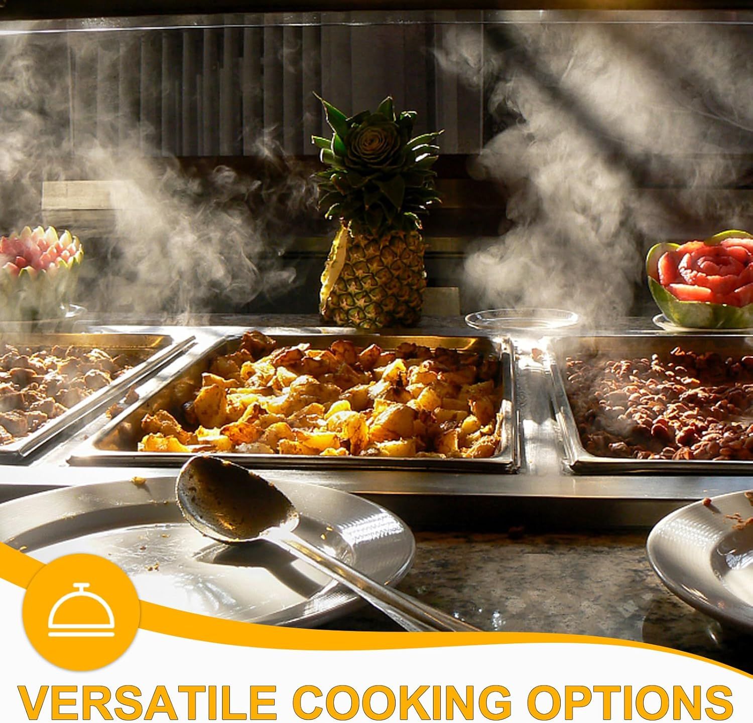 Communicates that the product offers versatile cooking capabilities, allowing users to prepare multiple dishes simultaneously, ideal for buffet-style or large-scale meal preparation.
