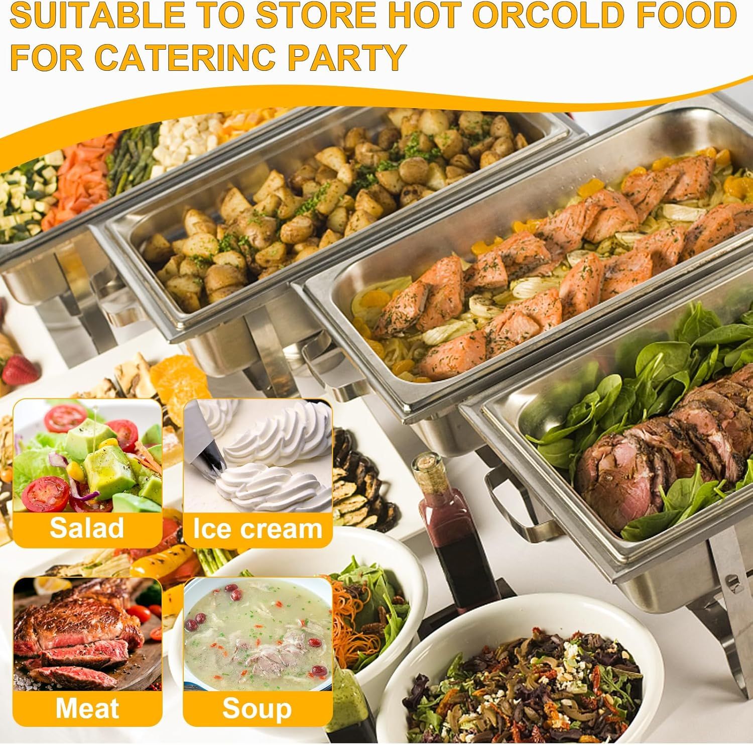 Demonstrates the product's versatility by showing it can store and serve multiple types of food (hot dishes, salads, ice cream, meat, soup) for catering and party events.