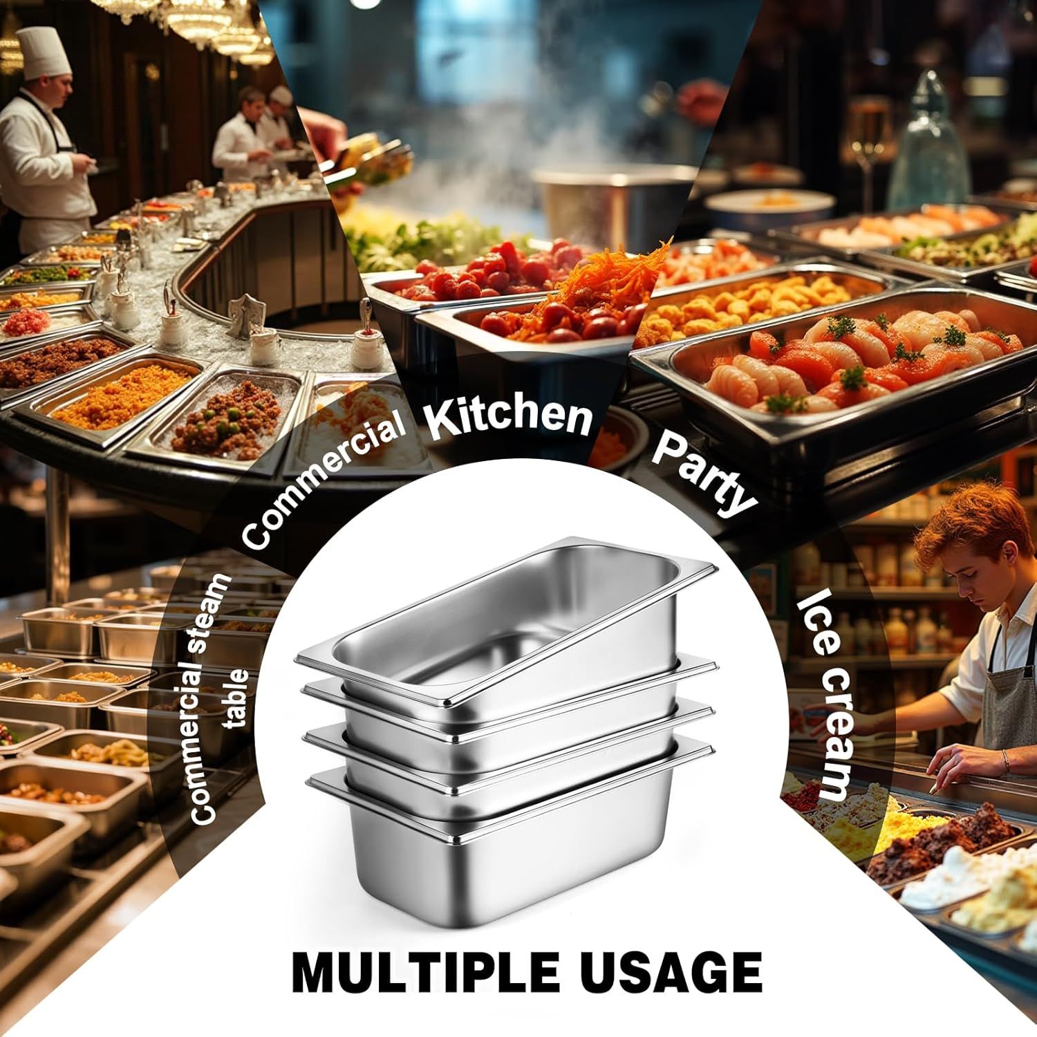 Demonstrates the versatility of the stainless steel food pans by showing they can be used in multiple professional and personal settings including commercial kitchens, party catering, ice cream…