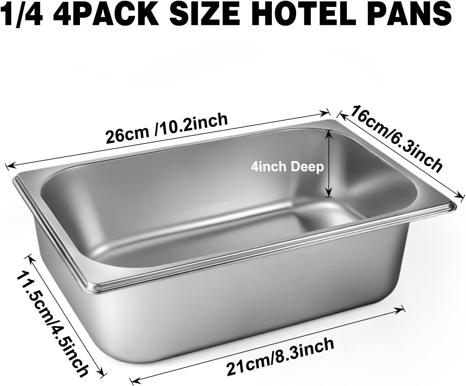 Communicates the exact physical dimensions of the hotel pan (length, width, depth) to help shoppers understand the size and capacity of the product.
