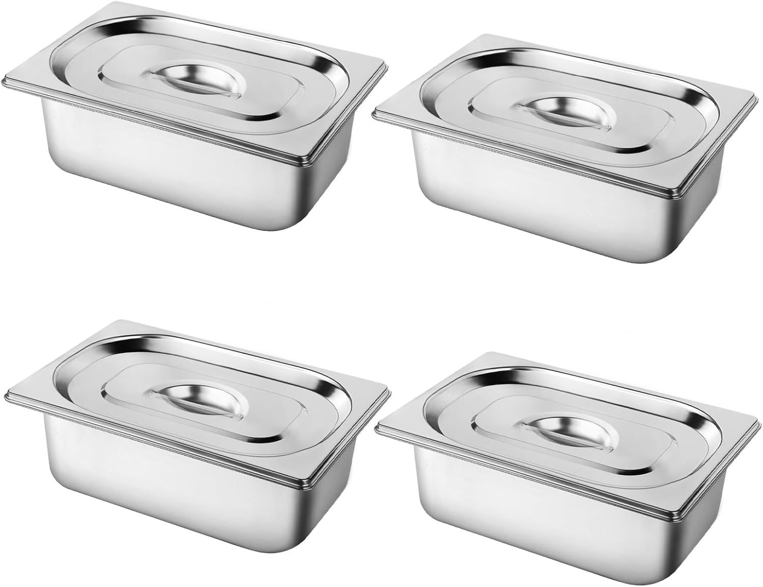 Shows the customer exactly what they will receive in the package: four identical stainless steel food pans with fitted lids, helping them understand the quantity and completeness of the set.