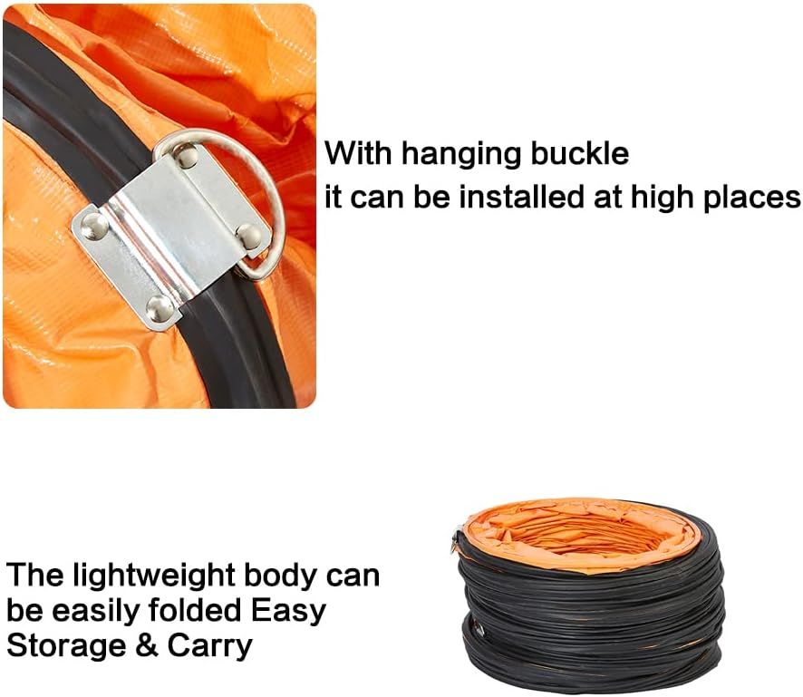 Communicates two distinct product benefits: the hanging buckle feature that enables high-place installation, and the lightweight foldable design that makes storage and portability convenient.