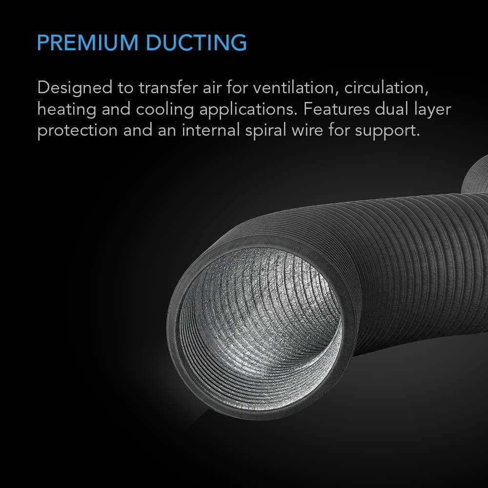 Highlights the internal construction and structural features of the ducting, showing the dual-layer protection and spiral wire reinforcement to communicate durability and quality. Communicates the…