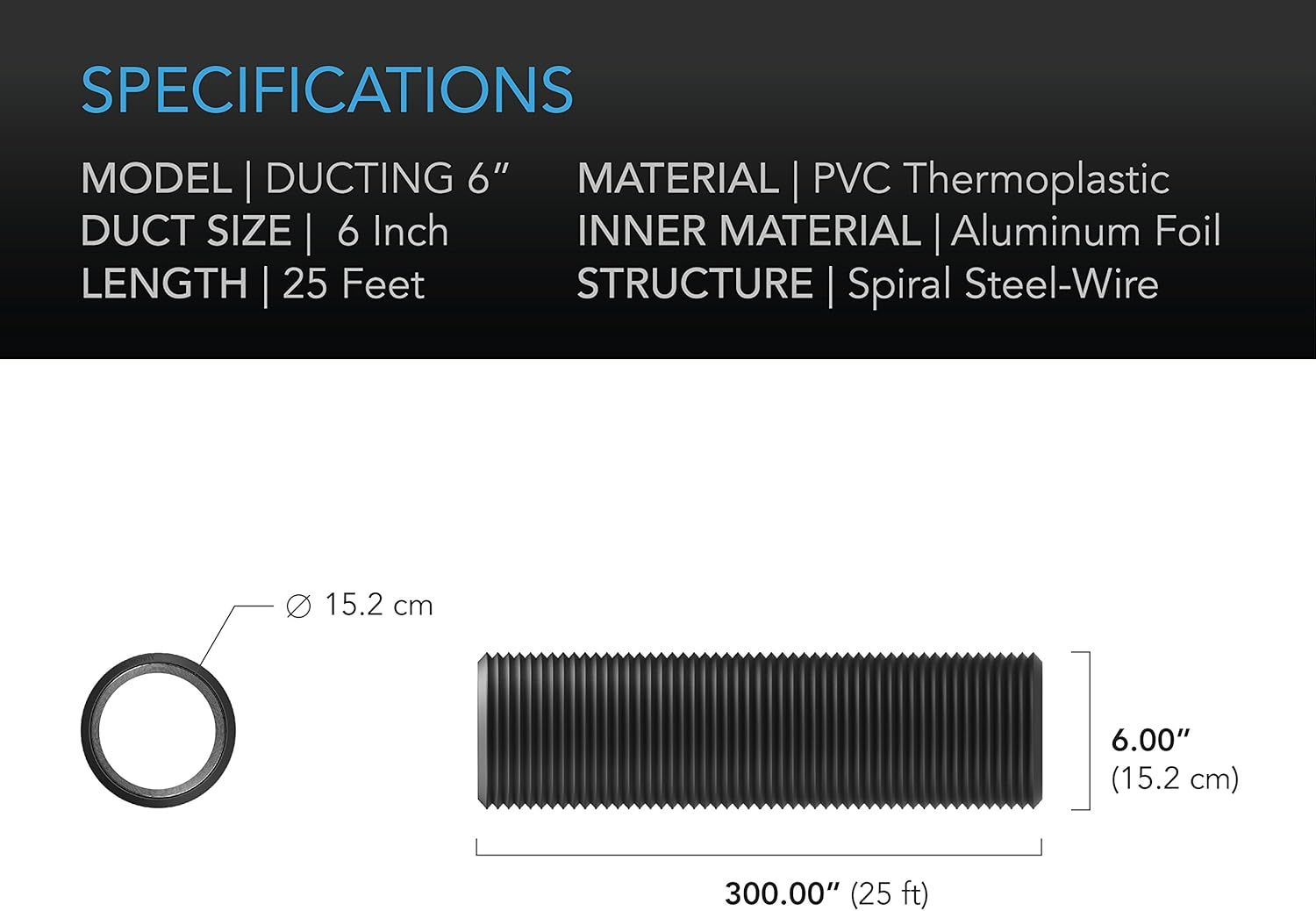 Communicates the exact physical dimensions of the ducting product (6-inch diameter, 25 feet length) to help shoppers confirm it fits their installation needs. Breaks down the product's construction…