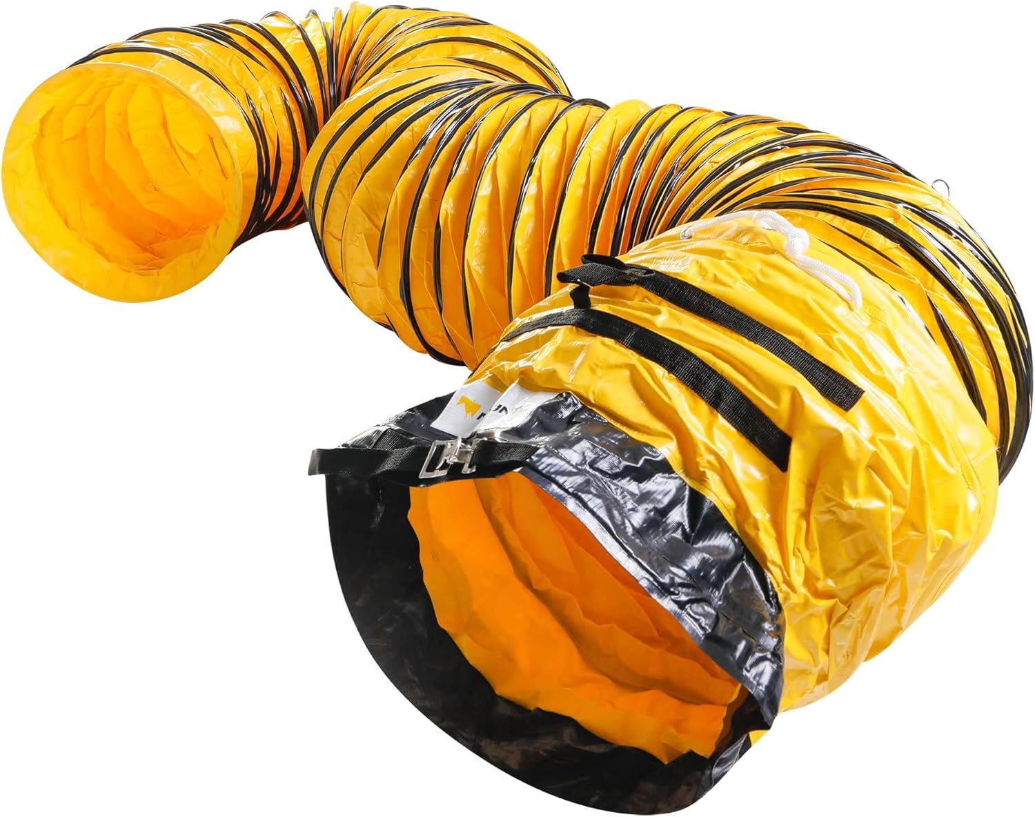 Shows the complete product—a flexible yellow ducting hose with black spiral reinforcement—alongside its black storage bag, giving shoppers a clear view of what they receive and how the product looks…