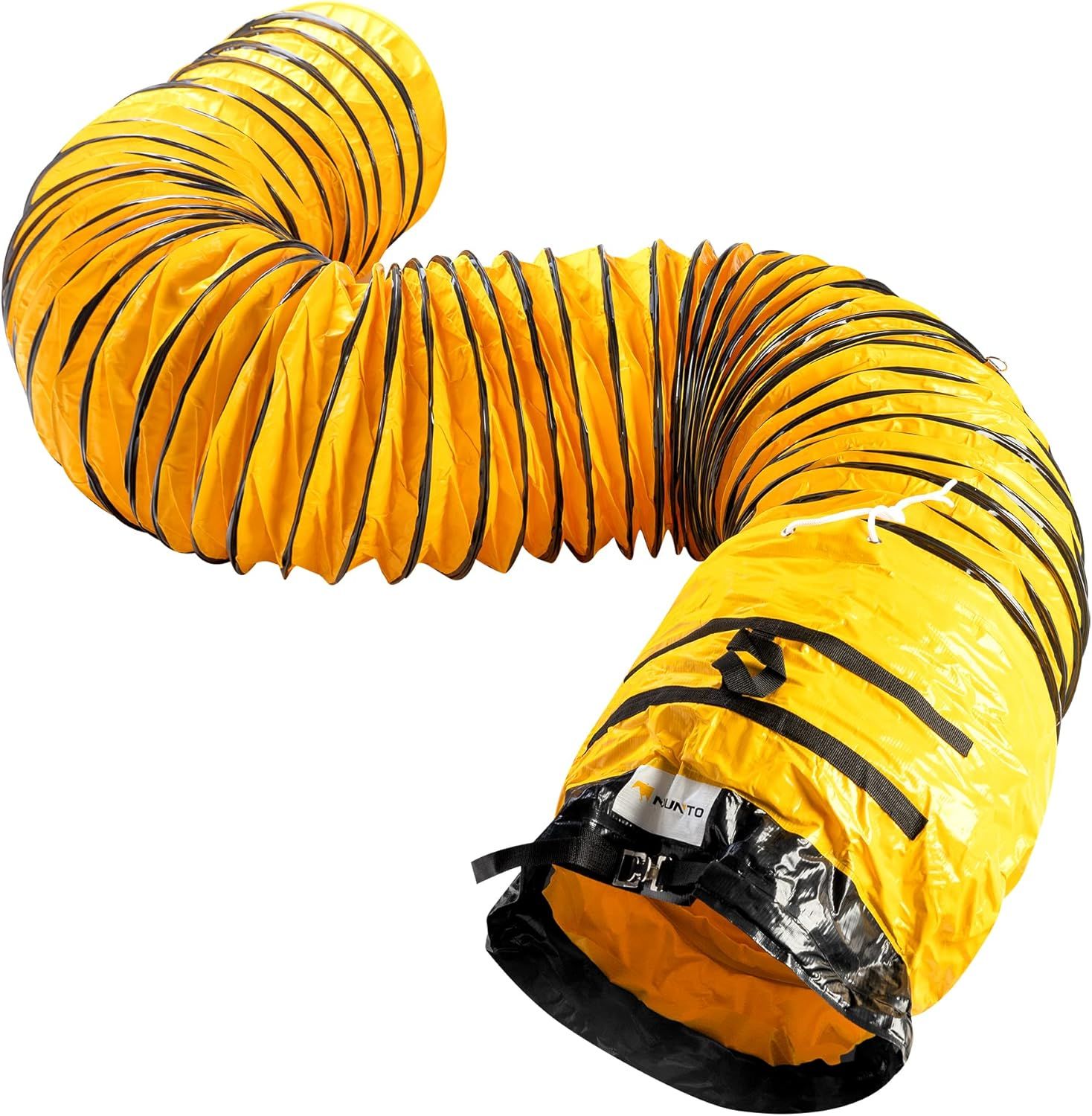 Displays the flexible yellow ventilation duct product on a clean white background to show its physical appearance, construction, and flexibility without distractions.