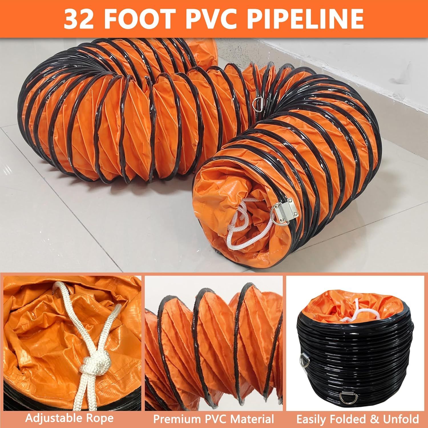 Communicates multiple key benefits of the 32-foot PVC pipeline including its adjustable rope feature, premium material construction, and convenient folding/unfolding capability to reassure shoppers…