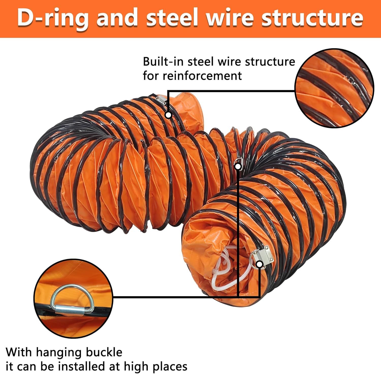 This image breaks down the physical components of the flexible duct to show shoppers its durable construction features, including the steel wire reinforcement for structural integrity and the D-ring…